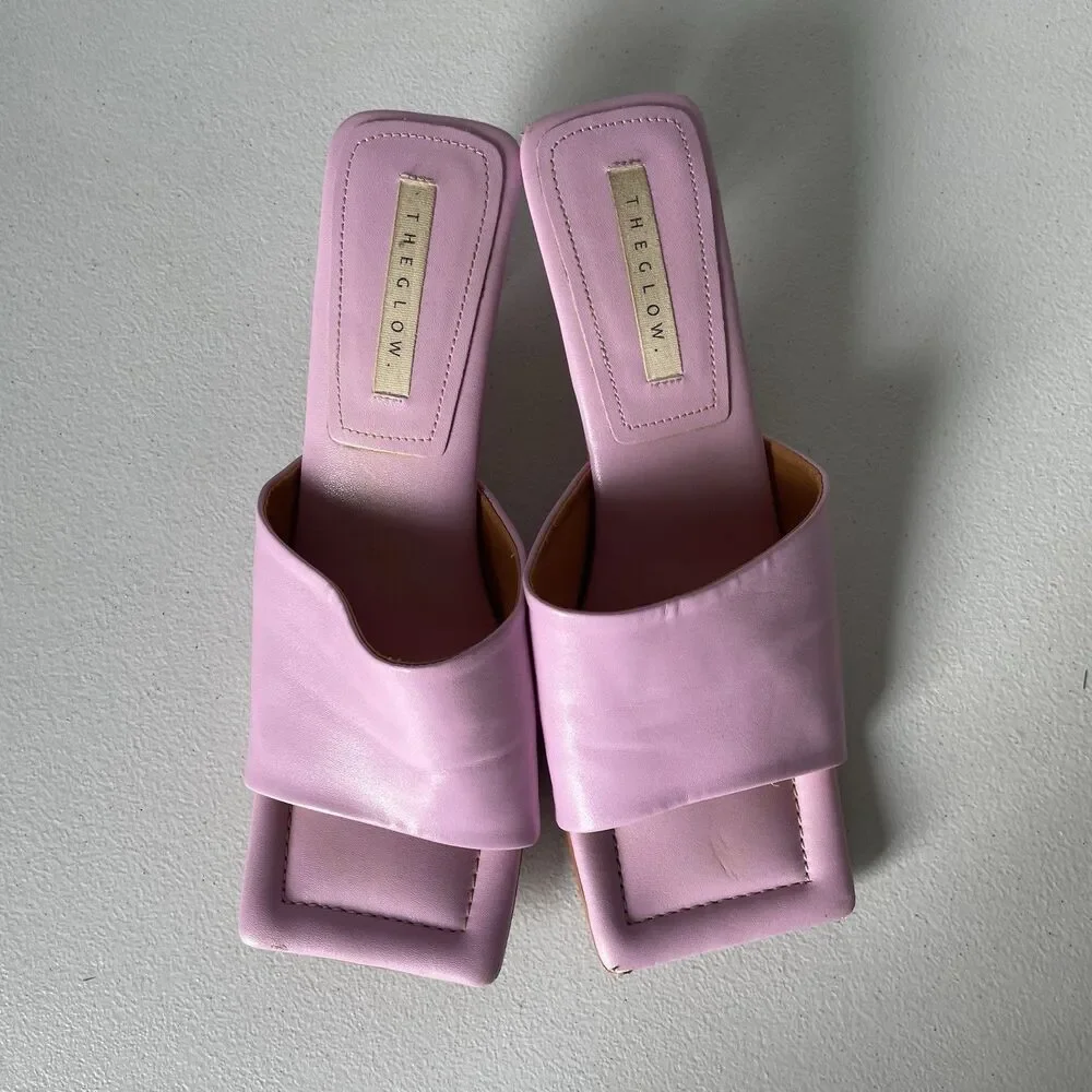 GLOW Leather Heels Square Toe Pink Purple Backless Slip On Women's Size 8